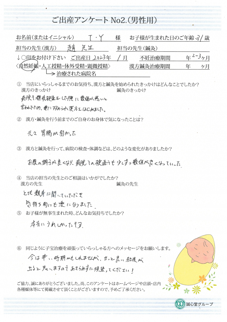 ★胃腸の弱さが原因？胃腸機能を高める漢方薬で精液検査改善へ★ご出産アンケート【第一子・自然妊娠・31歳】