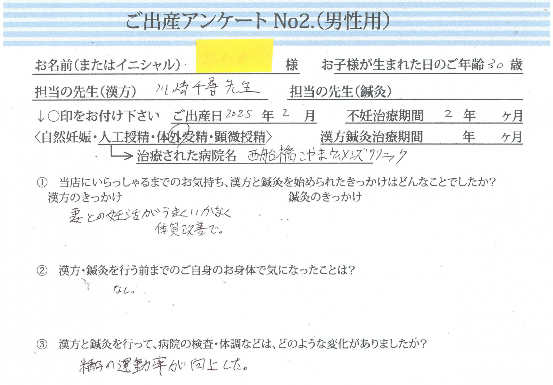 ～ご夫婦で漢方服用、基礎体温の安定と精子運動率の向上～《第一子・体外受精・31歳、30歳》