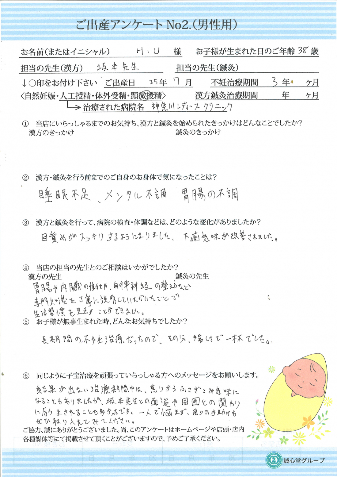妻を支えて3年2ヶ月。検査は問題なくても、漢方鍼灸でより質の良い精子を。★出産アンケート★